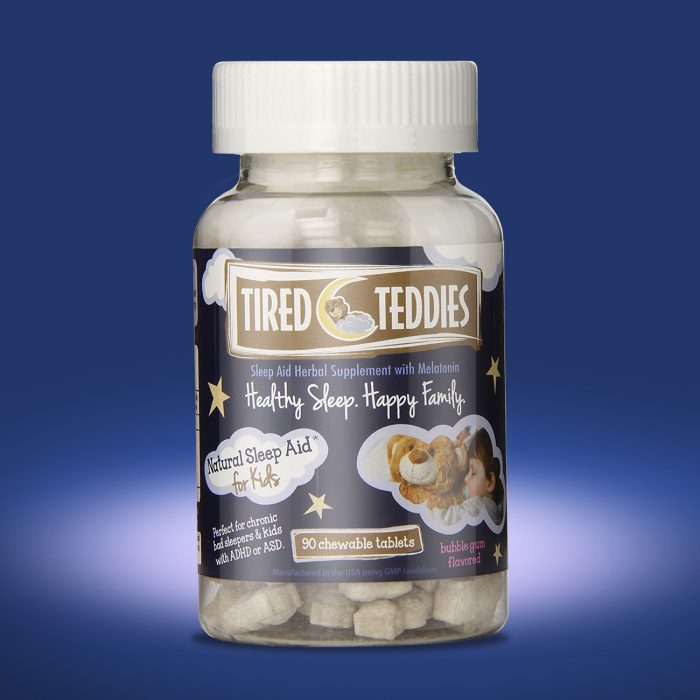Front of Tired Teddies chewable melatonin supplement bottle