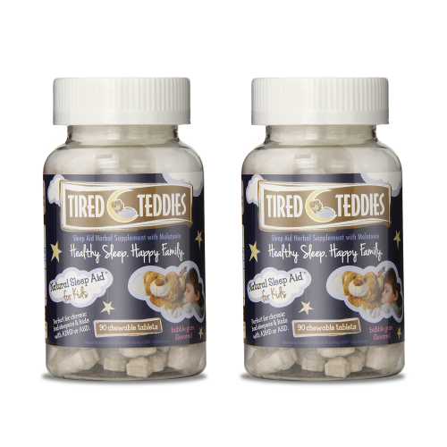 Two bottles of Tired Teddies, natural sleep aid for kids